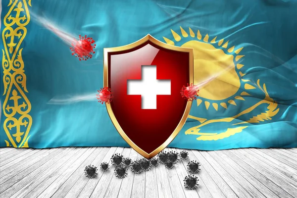 哈萨克斯坦国旗与金属死神红色盾牌 病毒保护 卫生盾牌 病毒疫苗保护琼脂糖病毒 医疗保健 安全徽章的概念 3D插图 — 图库照片
