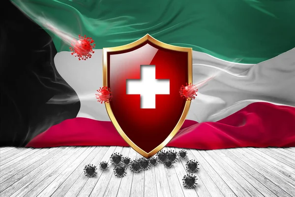科威特国旗上有金属新红盾 病毒保护 卫生盾牌 病毒疫苗保护琼脂糖病毒 医疗保健 安全徽章的概念 3D插图 — 图库照片