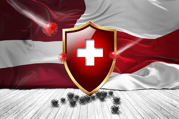 ラトビアと金属光沢のある赤い盾とベラルーシの旗 ウイルス対策衛生シールド ウイルスワクチン保護に対するコロナウイルス 安全バッジの概念 3Dイラスト — ストック写真