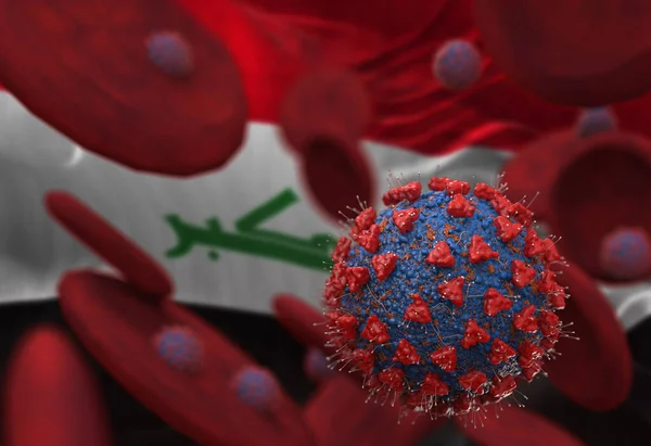 Virus and blood cells against flag of Iraq. 3d illustration. viral infection causing chronic disease. Hepatitis viruses, influenza virus H1N1, Coronavirus, HIV, Flu, cell infect organism,
