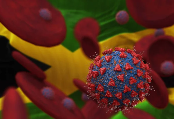 Virus Células Sanguíneas Contra Bandera Jamaica Ilustración Infección Viral Que — Foto de Stock
