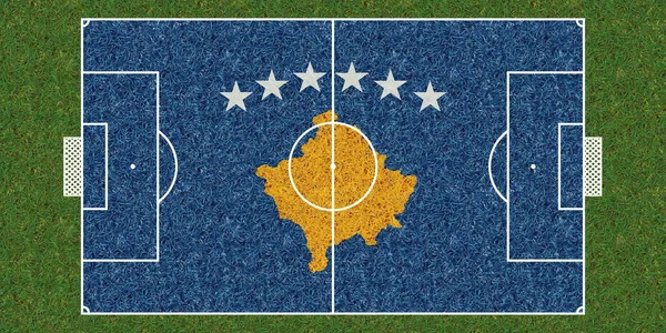 绿草足球场顶部 挂满了科索沃国旗 足球背景 3D说明 — 图库照片