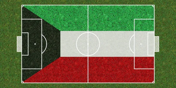 Vista Superior Del Campo Fútbol Hierba Verde Con Bandera Kuwait —  Fotos de Stock