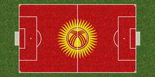 Widok Góry Zielona Trawa Boisko Piłki Nożnej Flagą Kirgistanu Tło — Zdjęcie stockowe