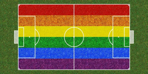 Bovenaanzicht Van Groene Gras Voetbalveld Met Vlag Van Lgbt Voetbalachtergrond — Stockfoto