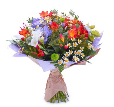 Beyaz renkte izole edilmiş düğün buketi. Taze, yemyeşil renkli çiçekler.,