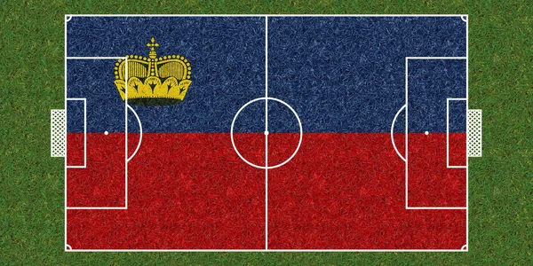 Ovanifrån Grönt Gräs Fotbollsplan Med Flagga Liechtenstein Fotbollsbakgrund Illustration — Stockfoto