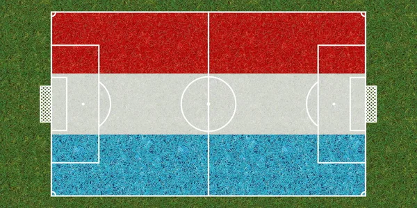 Bovenaanzicht Van Groene Gras Voetbalveld Met Vlag Van Luxemburg Voetbalachtergrond — Stockfoto