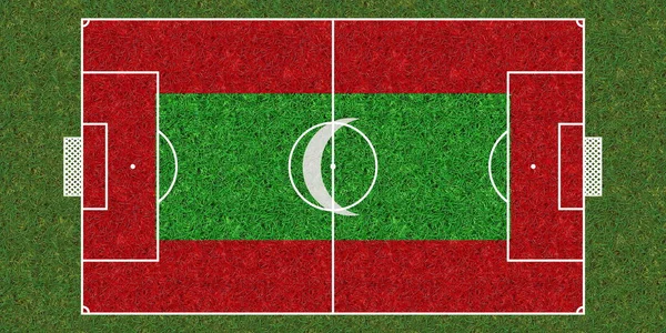 Bovenaanzicht Van Groene Gras Voetbalveld Met Vlag Van Malediven Voetbalachtergrond — Stockfoto