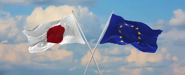 Flags Japan European Union Waving Wind Flagpoles Sky Clouds Sunny — Stock Photo, Image