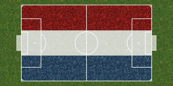 Κάτοψη Του Γηπέδου Ποδοσφαίρου Πράσινο Γρασίδι Σημαία Της Ολλανδίας Ποδόσφαιρο — Φωτογραφία Αρχείου