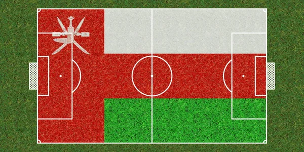 Pohled Shora Fotbalové Hřiště Zelené Trávy Vlajkou Ománu Fotbalové Pozadí — Stock fotografie