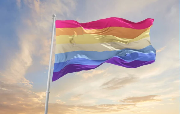 曇り空で風になびくレズビアンのプライド旗です 自由と愛の概念 プライド月間だ 行動主義共同体自由概念です コピースペース 3Dイラスト — ストック写真