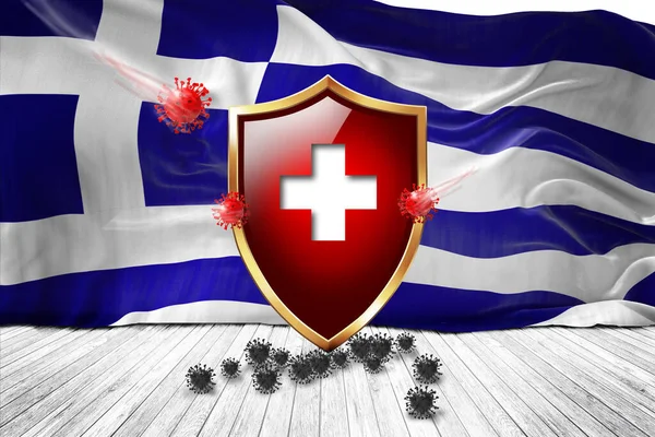 Greece flag with Metal Shiny red shield. virus protection, hygiene shield. virus Vaccine Protection aganst coronavirus, Health Care, Safety Badge concept. 3D illustration.
