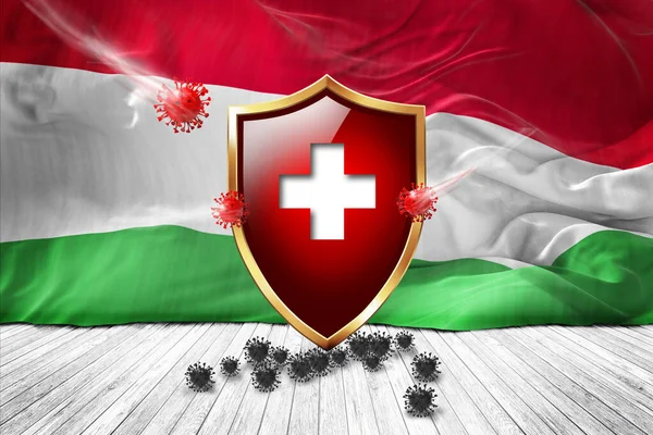 Hungary flag with Metal Shiny red shield. virus protection, hygiene shield. virus Vaccine Protection aganst coronavirus, Health Care, Safety Badge concept. 3D illustration.