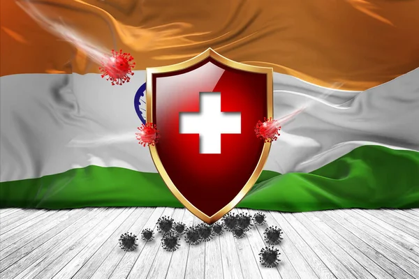 India flag with Metal Shiny red shield. virus protection, hygiene shield. virus Vaccine Protection aganst coronavirus, Health Care, Safety Badge concept. 3D illustration.