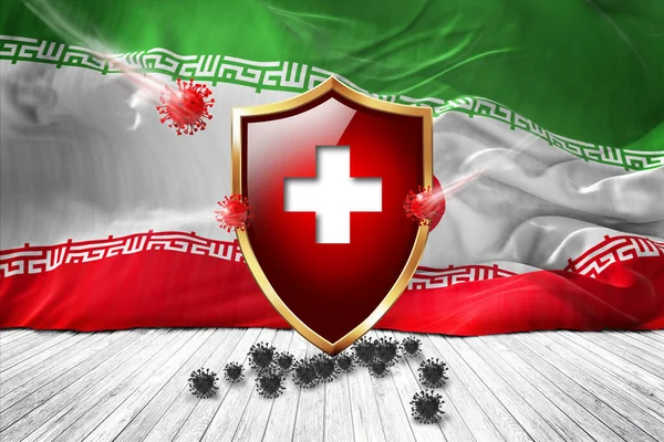 Iran flag with Metal Shiny red shield. virus protection, hygiene shield. virus Vaccine Protection aganst coronavirus, Health Care, Safety Badge concept. 3D illustration.