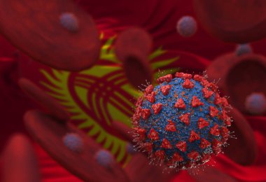 Virüs ve kan hücreleri Kırgızistan bayrağına karşı. 3 boyutlu illüstrasyon. Viral enfeksiyon kronik hastalıklara neden oluyor. Hepatit virüsleri, grip virüsü H1N1, Coronavirüs, HIV, grip, hücre enfeksiyonu,