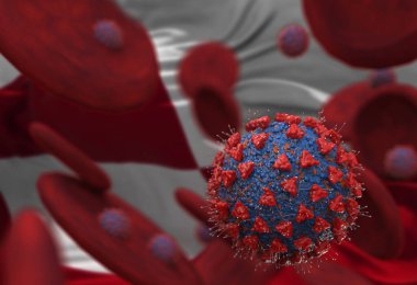 Virüs ve kan hücreleri Laos bayrağına karşı. 3 boyutlu illüstrasyon. Viral enfeksiyon kronik hastalıklara neden oluyor. Hepatit virüsleri, grip virüsü H1N1, Coronavirüs, HIV, grip, hücre enfeksiyonu,