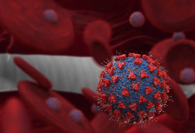 Virüs ve kan hücreleri Letonya bayrağına karşı. 3 boyutlu illüstrasyon. Viral enfeksiyon kronik hastalıklara neden oluyor. Hepatit virüsleri, grip virüsü H1N1, Coronavirüs, HIV, grip, hücre enfeksiyonu,