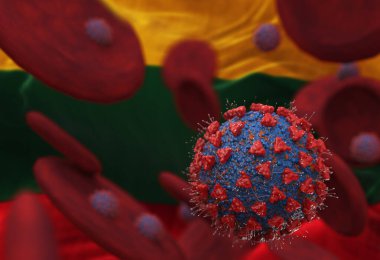 Virüs ve kan hücreleri Litvanya bayrağına karşı. 3 boyutlu illüstrasyon. Viral enfeksiyon kronik hastalıklara neden oluyor. Hepatit virüsleri, grip virüsü H1N1, Coronavirüs, HIV, grip, hücre enfeksiyonu,