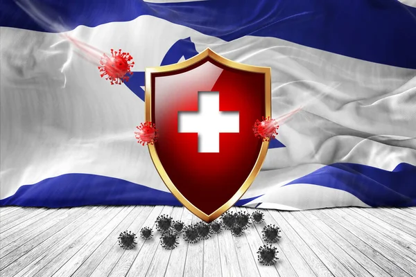 Israel flag with Metal Shiny red shield. virus protection, hygiene shield. virus Vaccine Protection aganst coronavirus, Health Care, Safety Badge concept. 3D illustration.