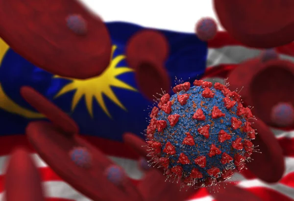 Virus and blood cells against flag of Malaysia. 3d illustration. viral infection causing chronic disease. Hepatitis viruses, influenza virus H1N1, Coronavirus, HIV, Flu, cell infect organism,