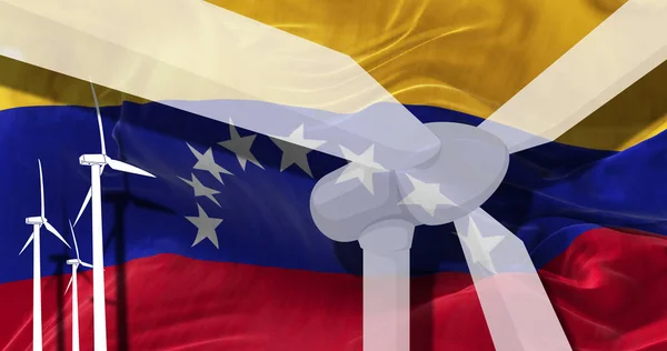ベネズエラの国旗を背景に風力タービン 持続可能な開発再生可能エネルギー国家代替エネルギー環境の概念です 3Dイラスト — ストック写真