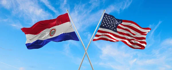 Flags Usa Paraguay Waving Wind Flagpoles Sky Clouds Sunny Day — Stock Photo, Image