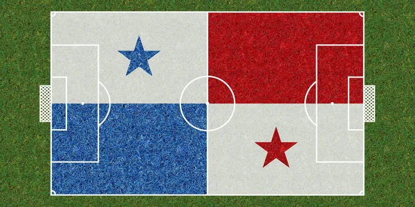 Bovenaanzicht Van Groene Gras Voetbalveld Met Vlag Van Panama Voetbalachtergrond — Stockfoto
