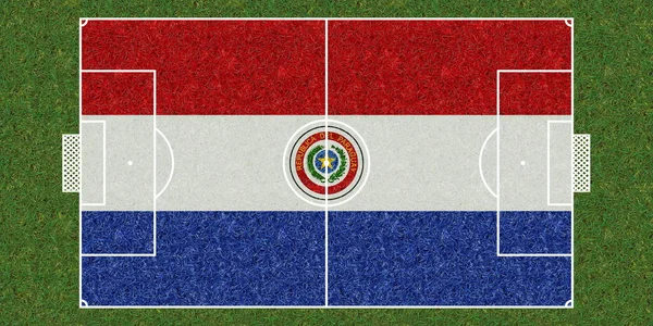 Vue Dessus Terrain Soccer Herbe Verte Avec Drapeau Paraguay Fond — Photo