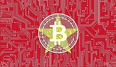 Vietnam ve Bitcoin bayrağı, Entegre Devre Kurulu modeli. Bitcoin Stok Büyümesi. Kripto para birimi ve Engelleme Teknolojisi yatırımcıları için kavramsal görüntü.