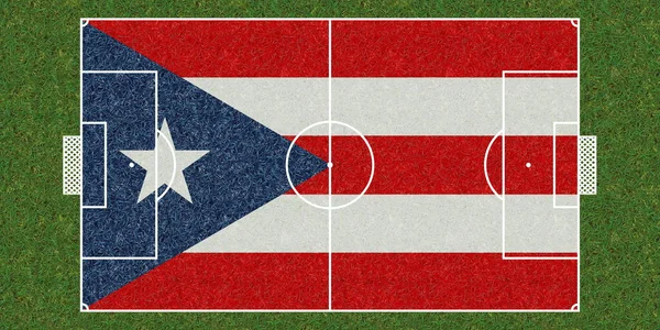 绿草足球场顶部 挂满波多黎各国旗 足球背景 3D说明 — 图库照片