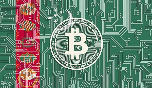 Türkmenistan Bitcoin Bayrağı Entegre Devre Kurulu Deseni Bitcoin Stok Büyümesi — Stok fotoğraf