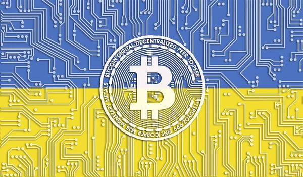 Ukrayna Bitcoin Bayrağı Entegre Devre Kurulu Deseni Bitcoin Stok Büyümesi — Stok fotoğraf