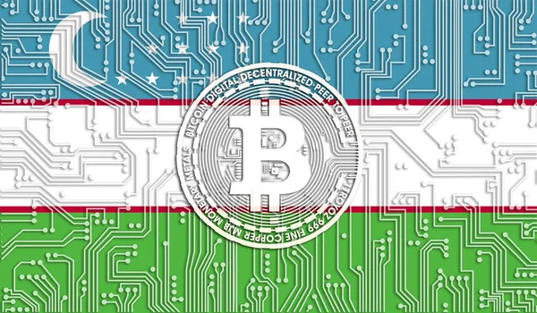 Özbekistan Bitcoin Bayrağı Entegre Devre Kurulu Deseni Bitcoin Stok Büyümesi — Stok fotoğraf