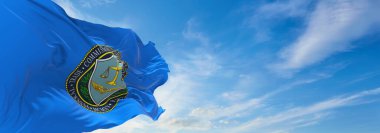 Minsk, Belarus - Mayıs 2021: Birleşik Devletler Federal Ticaret Komisyonu bayrağı rüzgarda sallanıyor. ABD departmanları. Uzayı kopyala 3d illüstrasyon,