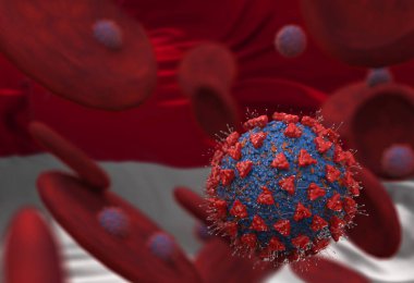 Virüs ve kan hücreleri Monako bayrağına karşı. 3 boyutlu illüstrasyon. Viral enfeksiyon kronik hastalıklara neden oluyor. Hepatit virüsleri, grip virüsü H1N1, Coronavirüs, HIV, grip, hücre enfeksiyonu,