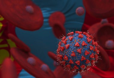Virüs ve kan hücreleri Moğolistan bayrağına karşı. 3 boyutlu illüstrasyon. Viral enfeksiyon kronik hastalıklara neden oluyor. Hepatit virüsleri, grip virüsü H1N1, Coronavirüs, HIV, grip, hücre enfeksiyonu,