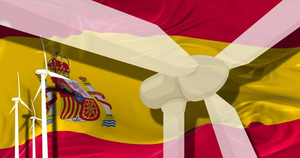 Turbinas Eólicas Fundo Bandeira Espanha Desenvolvimento Sustentável Energias Renováveis Conceito — Fotografia de Stock