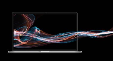 Bilim ağı şablonu, bağlantı hatları, Büyük Veri Görsellemesi. Büyük dijital tasarım alevleri olan bilgisayar dizüstü bilgisayarı. İş ve teknoloji kavramı. 3d illüstrasyon