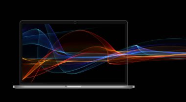 Bilim ağı şablonu, bağlantı hatları, Büyük Veri Görsellemesi. Büyük dijital tasarım alevleri olan bilgisayar dizüstü bilgisayarı. İş ve teknoloji kavramı. 3d illüstrasyon