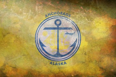 Anchorage 'ın retro ilçesinin en iyi manzarası, Alaska bayrağı grunge desenli, ABD, bayrak direği yok. Uçak tasarımı, tasarım. Bayrak arkaplanı