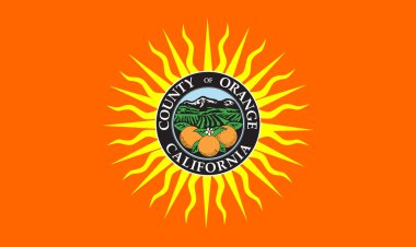 Top view of county of Orange, California flag, USA no flagpole. Plane design, layout. Flag background clipart