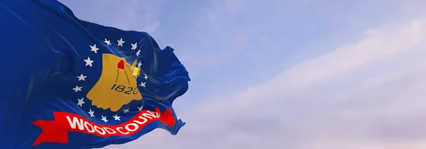 美国俄亥俄州伍德县的国旗 日落时天空乌云密布 全景尽收眼底 爱国观念的伍德 俄亥俄州和复制空间为宽横幅 3D说明 — 图库照片