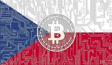 Çek Cumhuriyeti ve Bitcoin bayrağı, Entegre Devre Kurulu modeli. Bitcoin Stok Büyümesi. Kripto para birimi ve Engelleme Teknolojisi yatırımcıları için kavramsal görüntü.
