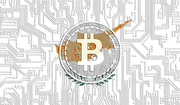 Kıbrıs Bitcoin Bayrağı Entegre Devre Kurulu Modeli Bitcoin Stok Büyümesi — Stok fotoğraf