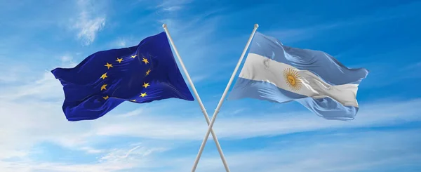Flags European Union Argentina Waving Wind Flagpoles Sky Clouds Sunny — Stock Photo, Image
