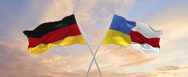 Flaggor Tyskland Och Ukrain Och Vitrysslands Flagga Viftar Vinden Flaggstänger — Stockfoto