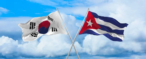 Banderas Corea Del Sur Cuba Ondeando Viento Sobre Mástiles Bandera —  Fotos de Stock